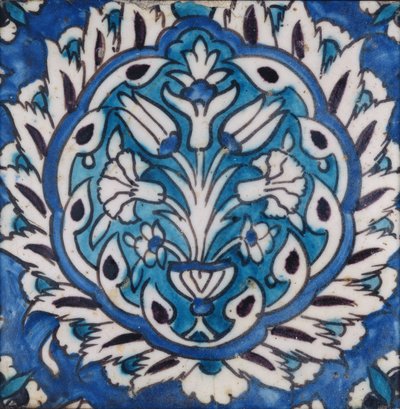 Square Tile with a Vase of Flowers in a Medallion by Syrian School